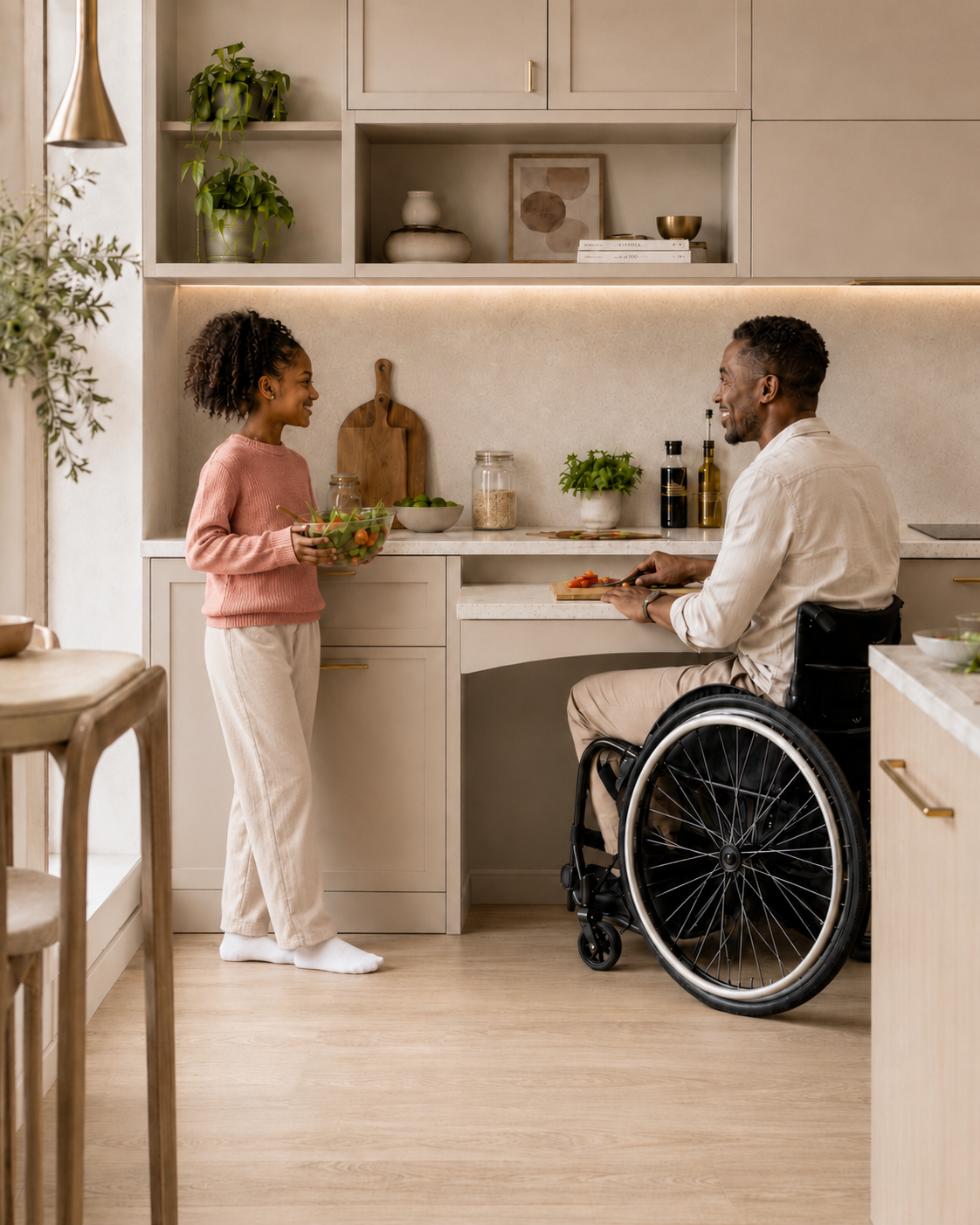 A father using a wheelchair preparing food at the kitchen worktop with his young daughter
