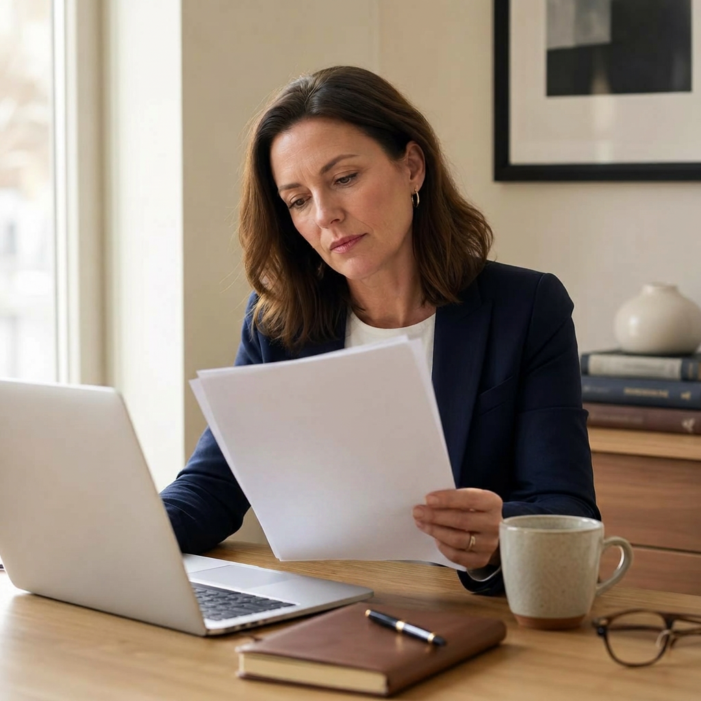 Female health and care professional reviewing a printed Home Function Review report at a calm home-office desk