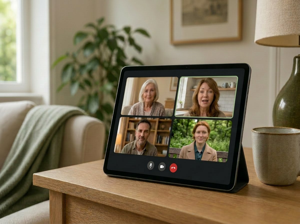 A tablet on a side table in a softly-lit living room, showing a video call with four anonymised participant tiles.