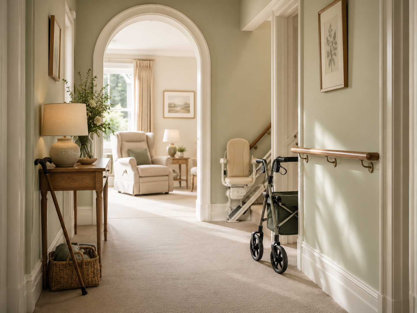 Warm hallway with stair lift, walking frame, walking stick and handrail in a calm UK home