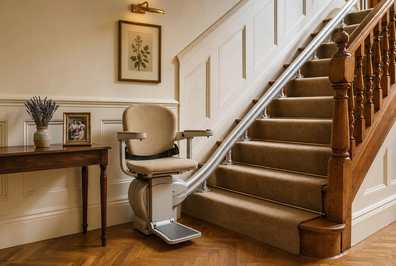 Stair lift on a softly lit staircase in a home